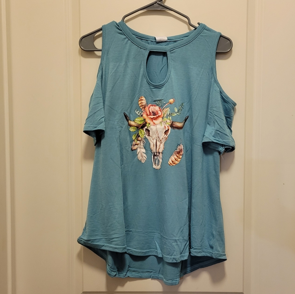 Blue Boutique Western Cow Cold Shoulder Blouse